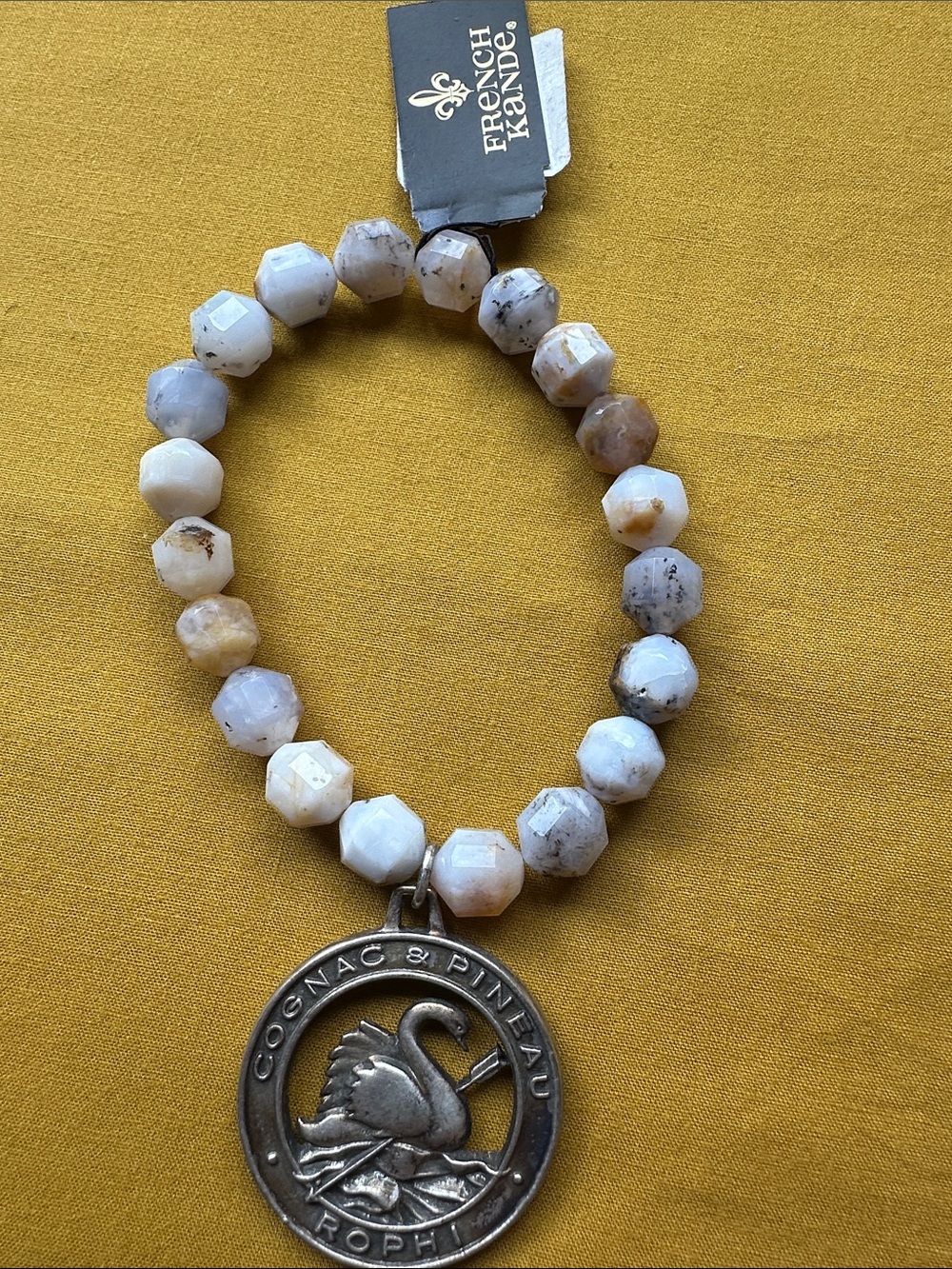 French Kande White-Beige Faceted Bead Bracelet with Swan Medallion